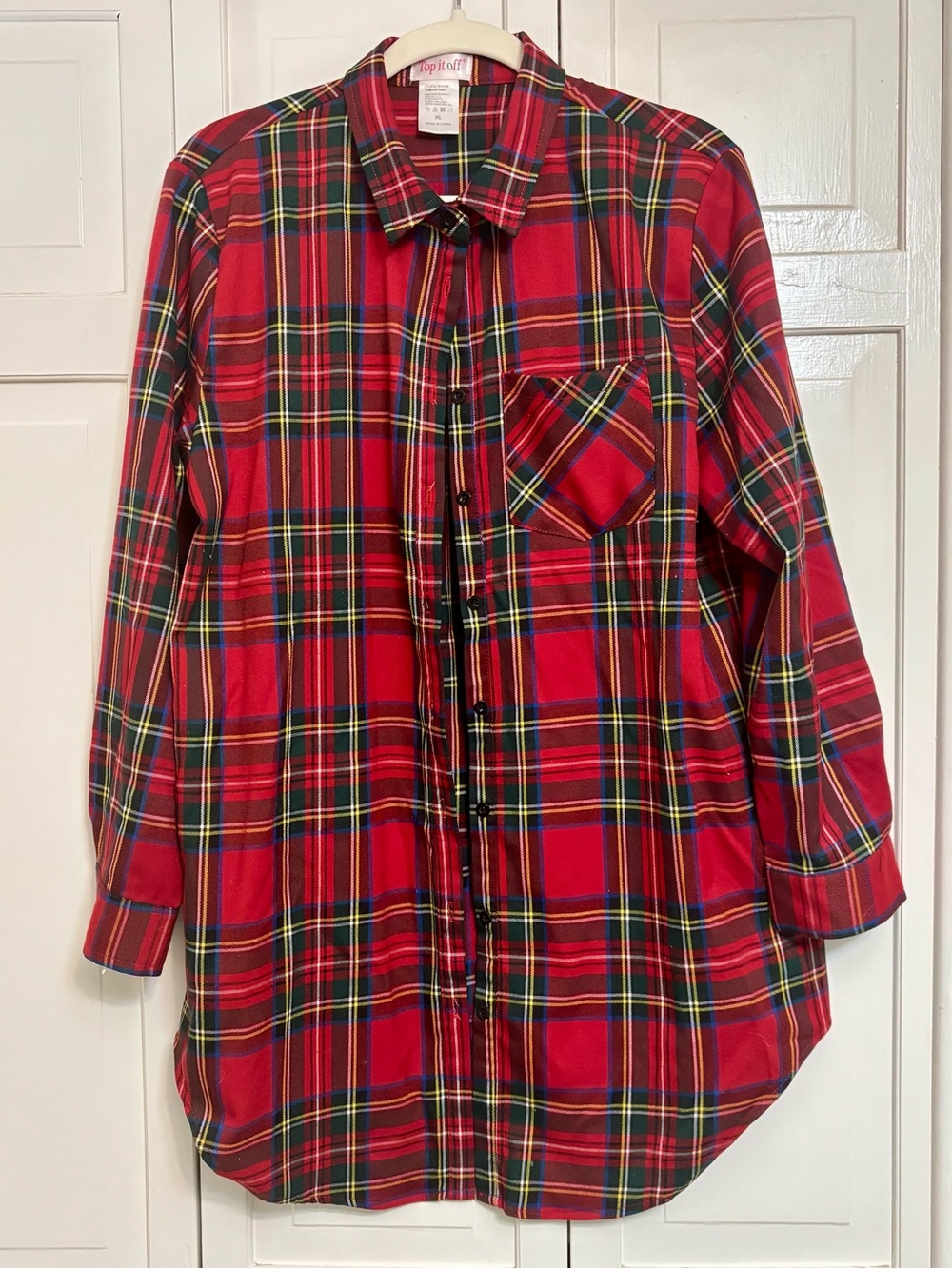 Top It Off Red Tartan Plaid Button Down Tunic Shirt XL Holiday Christmas